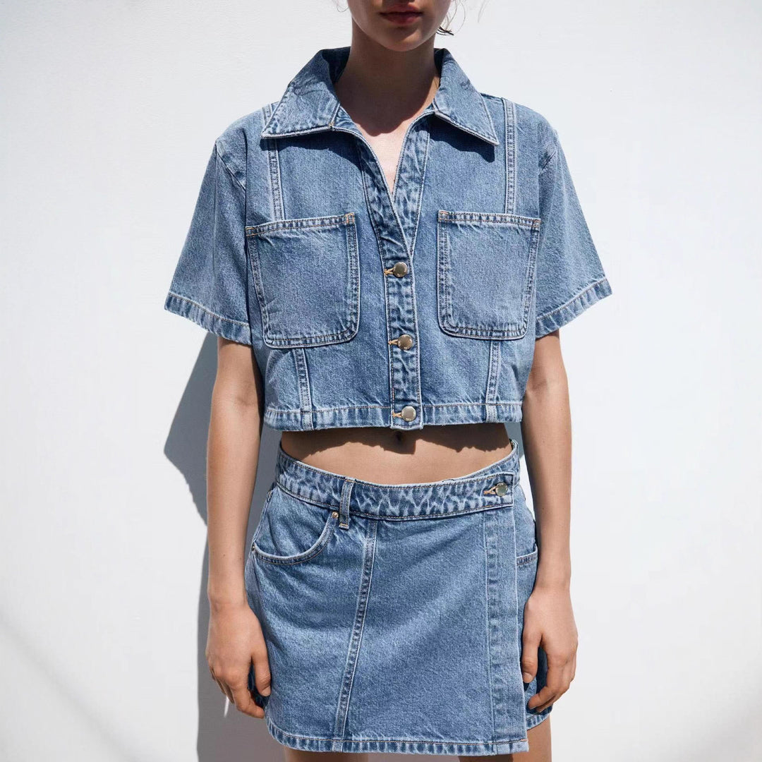 Damernas denim-cropjacka med påsydda fickor Mirla-Eva Jonsson