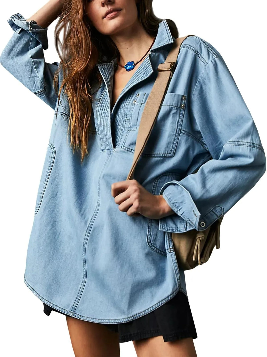 Damernas denimskjorta med detaljerad stickning och avslappnad passform Mirla-Eva Jonsson