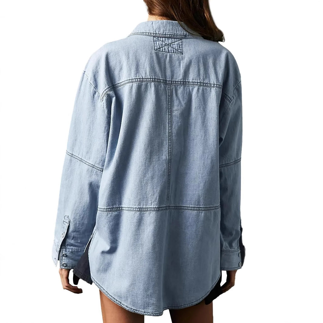 Damernas denimskjorta med detaljerad stickning och avslappnad passform Mirla-Eva Jonsson