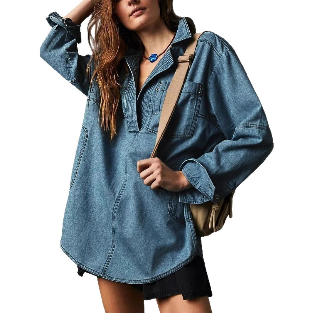 Damernas denimskjorta med detaljerad stickning och avslappnad passform Mirla-Eva Jonsson