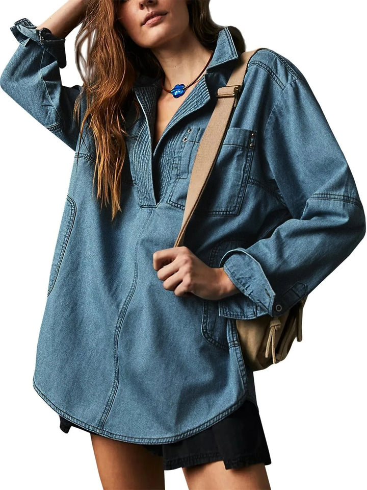 Damernas denimskjorta med detaljerad stickning och avslappnad passform Mirla-Eva Jonsson