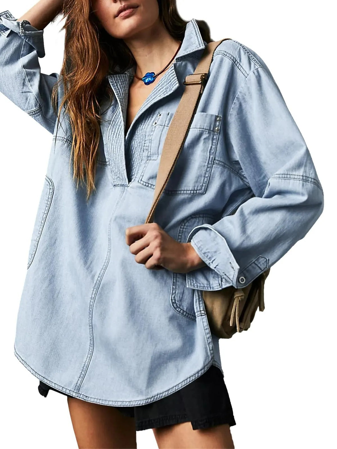 Damernas denimskjorta med detaljerad stickning och avslappnad passform Mirla-Eva Jonsson