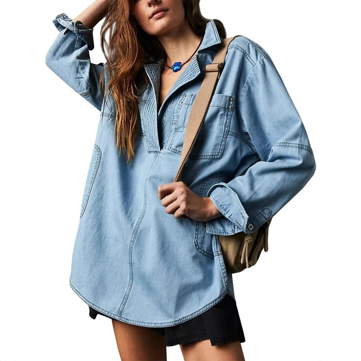 Damernas denimskjorta med detaljerad stickning och avslappnad passform Mirla-Eva Jonsson