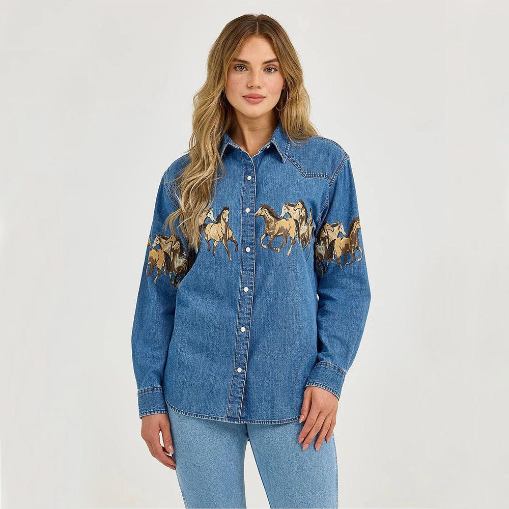 Damernas denimskjorta med kreativ hästdesign och högkvalitativ bomullsmix Mirla-Eva Jonsson
