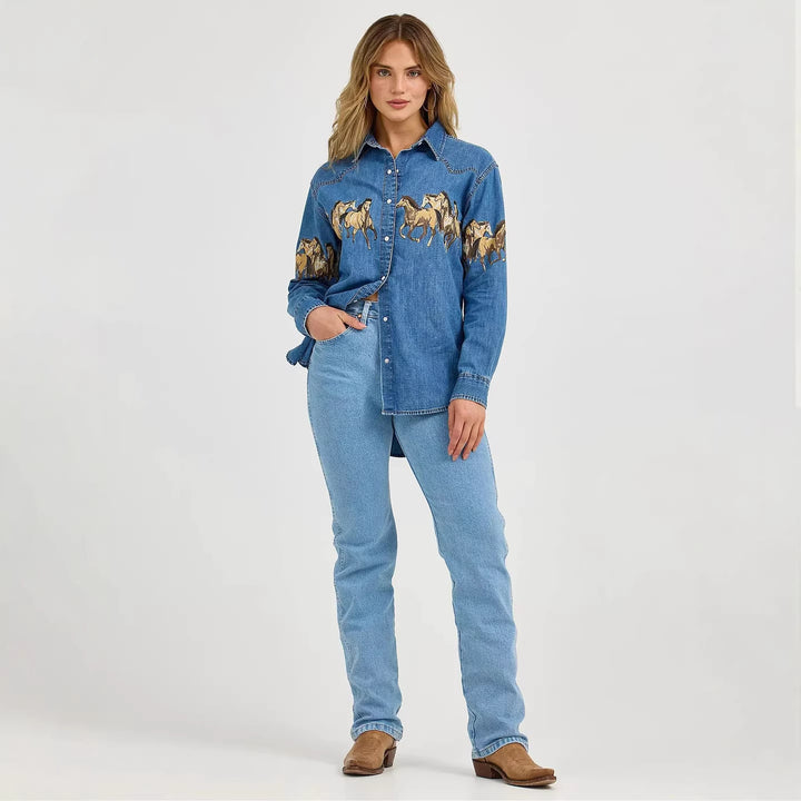 Damernas denimskjorta med kreativ hästdesign och högkvalitativ bomullsmix Mirla-Eva Jonsson
