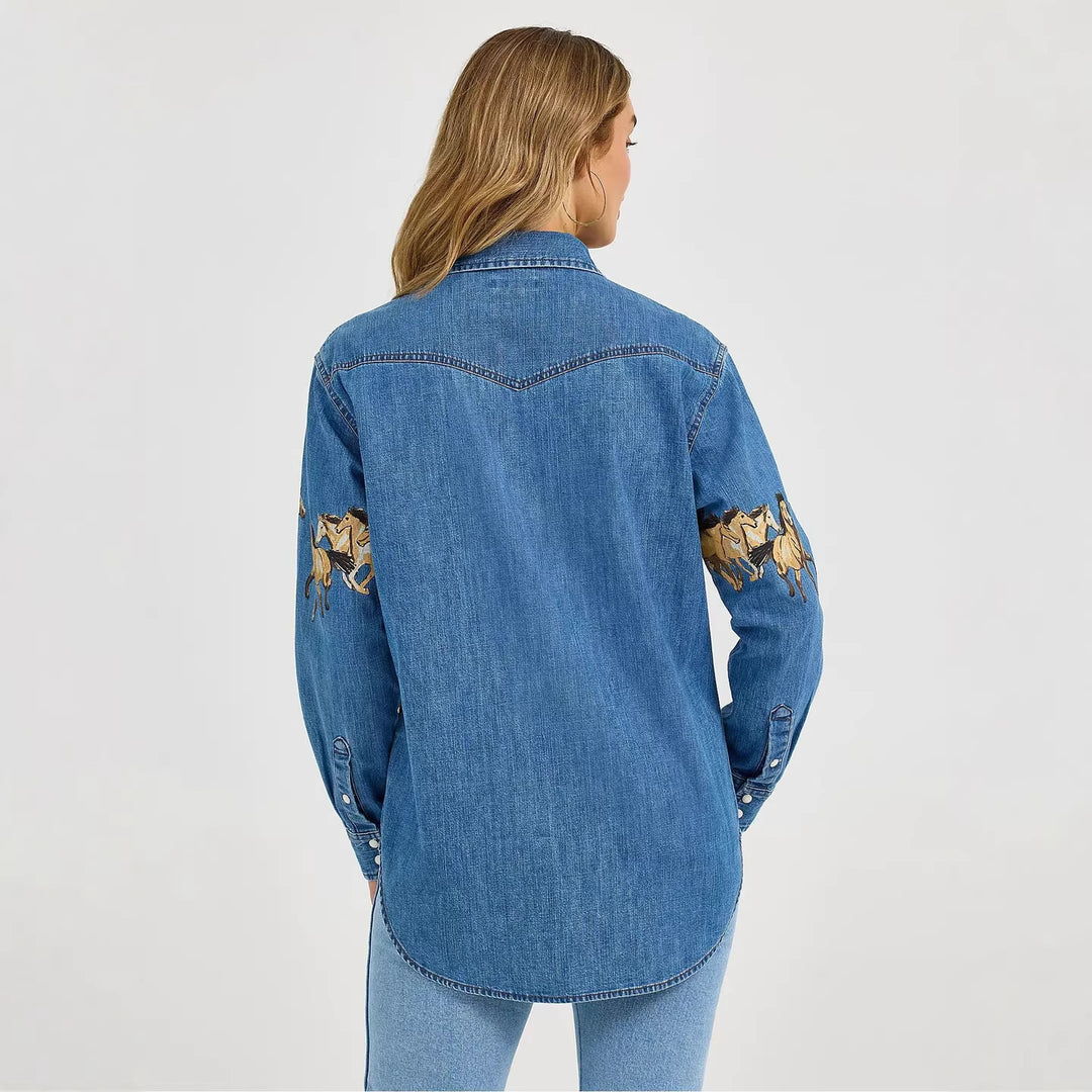 Damernas denimskjorta med kreativ hästdesign och högkvalitativ bomullsmix Mirla-Eva Jonsson