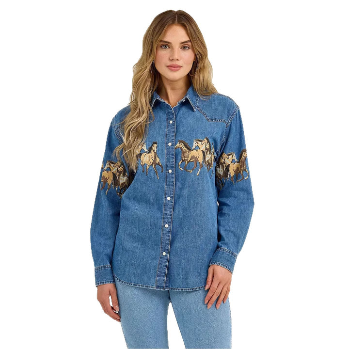 Damernas denimskjorta med kreativ hästdesign och högkvalitativ bomullsmix Mirla-Eva Jonsson