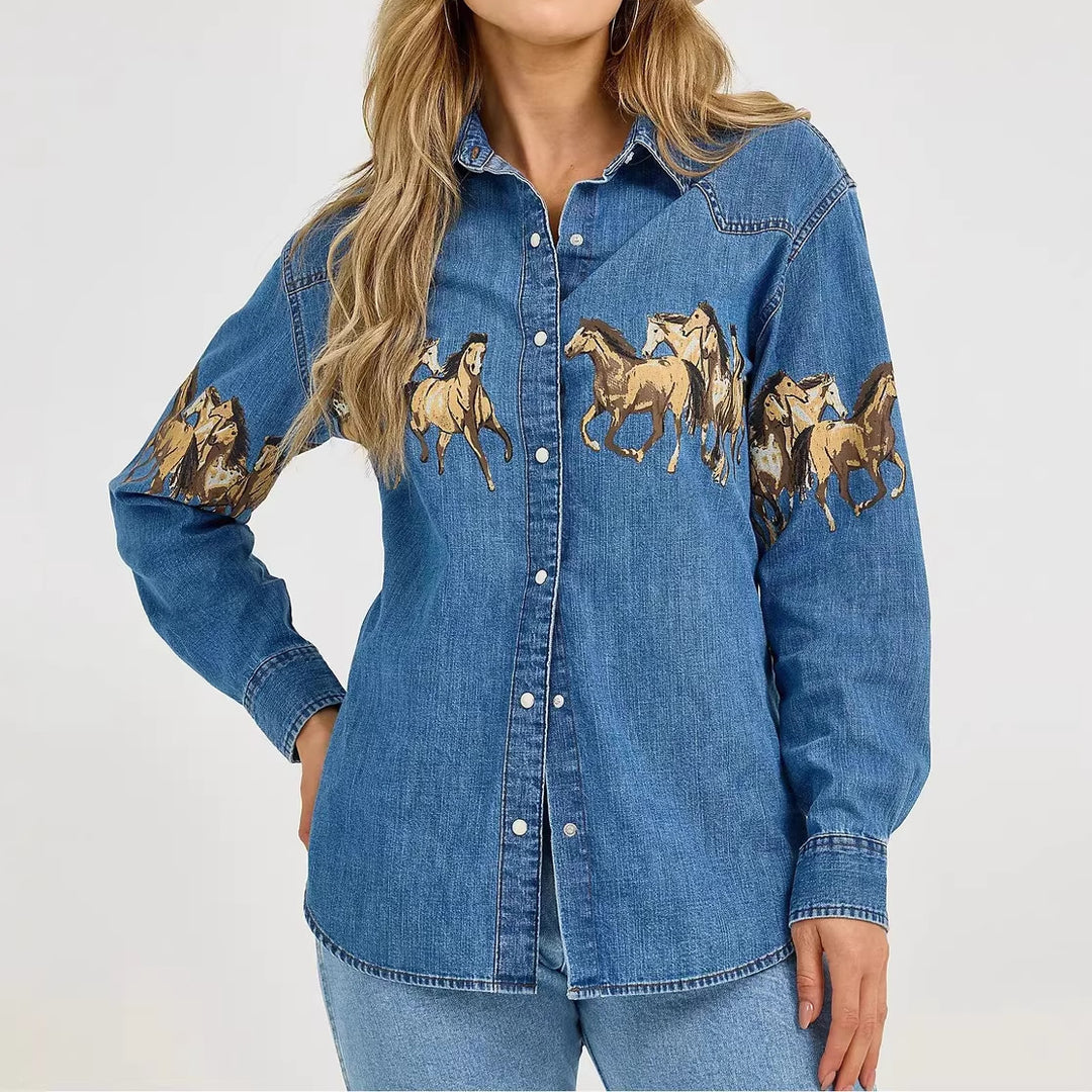 Damernas denimskjorta med kreativ hästdesign och högkvalitativ bomullsmix Mirla-Eva Jonsson