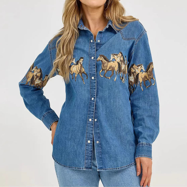 Damernas denimskjorta med kreativ hästdesign och högkvalitativ bomullsmix Mirla-Eva Jonsson