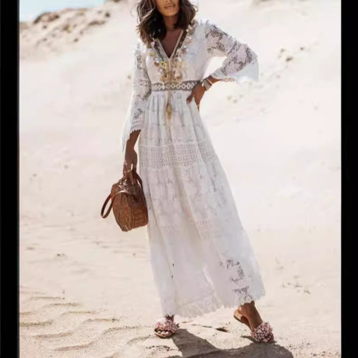Damernas eleganta Boho-strandklänning med spetsdetaljer och vid passform Eva Jonsson-Eva Jonsson