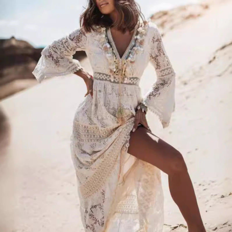 Damernas eleganta Boho-strandklänning med spetsdetaljer och vid passform Eva Jonsson-Eva Jonsson