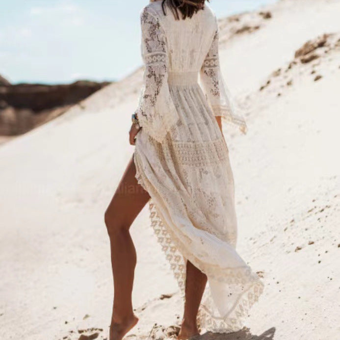 Damernas eleganta Boho-strandklänning med spetsdetaljer och vid passform Eva Jonsson-Eva Jonsson