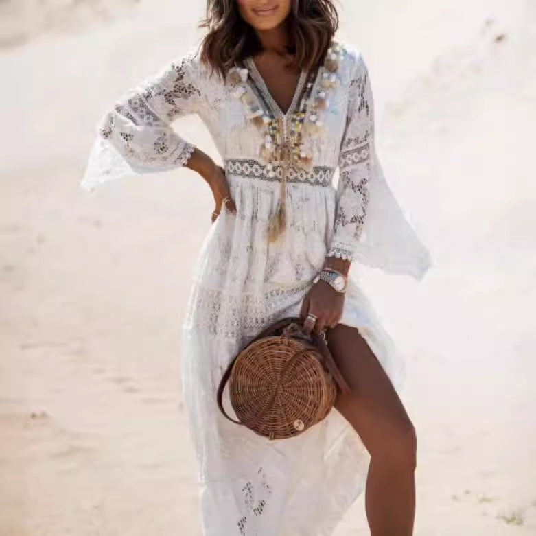 Damernas eleganta Boho-strandklänning med spetsdetaljer och vid passform Eva Jonsson-Eva Jonsson