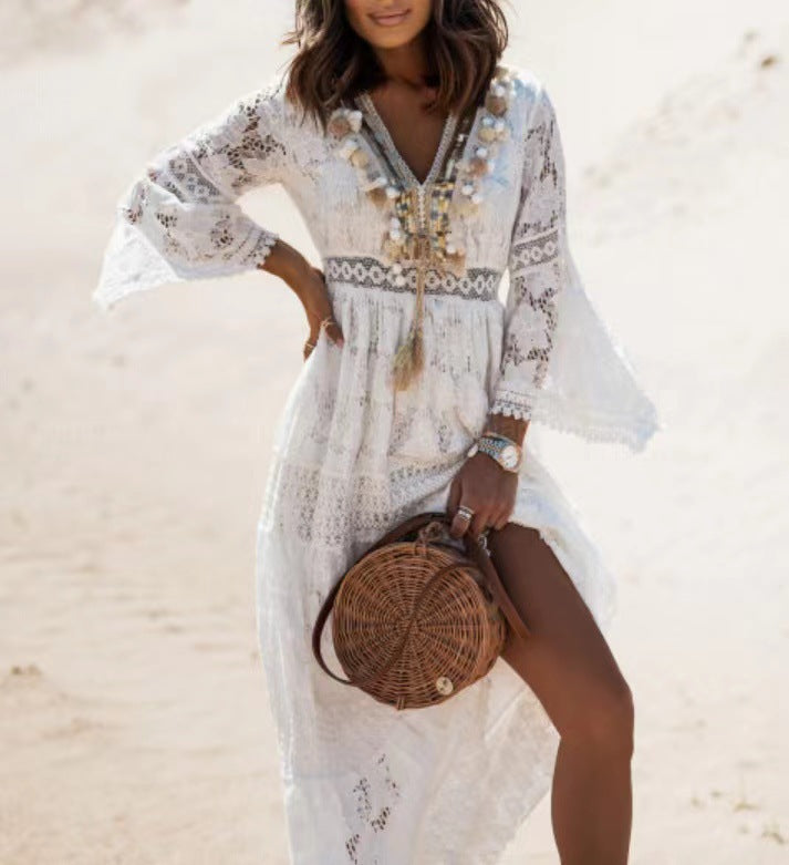 Damernas eleganta Boho-strandklänning med spetsdetaljer och vid passform Eva Jonsson-Eva Jonsson