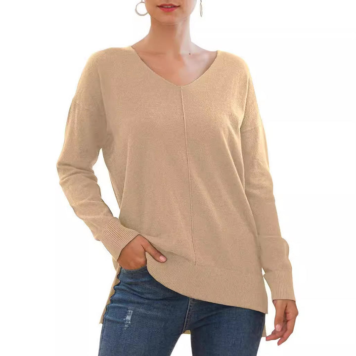 Damernas eleganta V-ringad tröja med asymmetrisk nederkant Mirla-Eva Jonsson