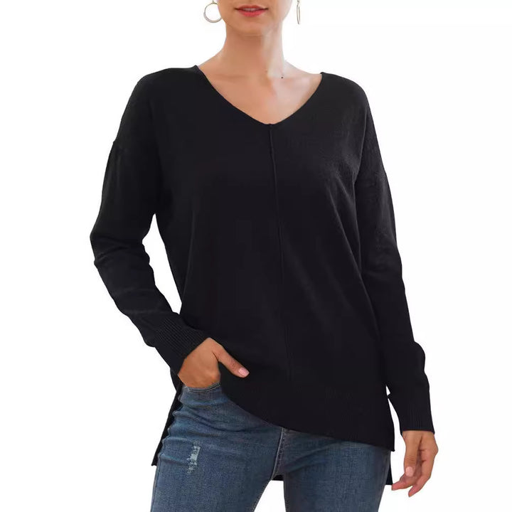 Damernas eleganta V-ringad tröja med asymmetrisk nederkant Mirla-Eva Jonsson