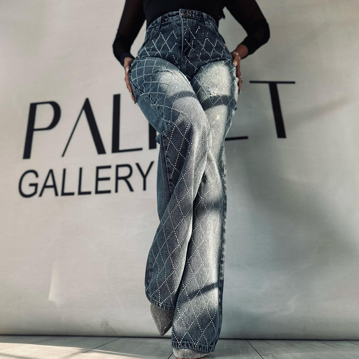 Damernas eleganta högmidjade bootcut-jeans med glittrande strass Mirla-Eva Jonsson