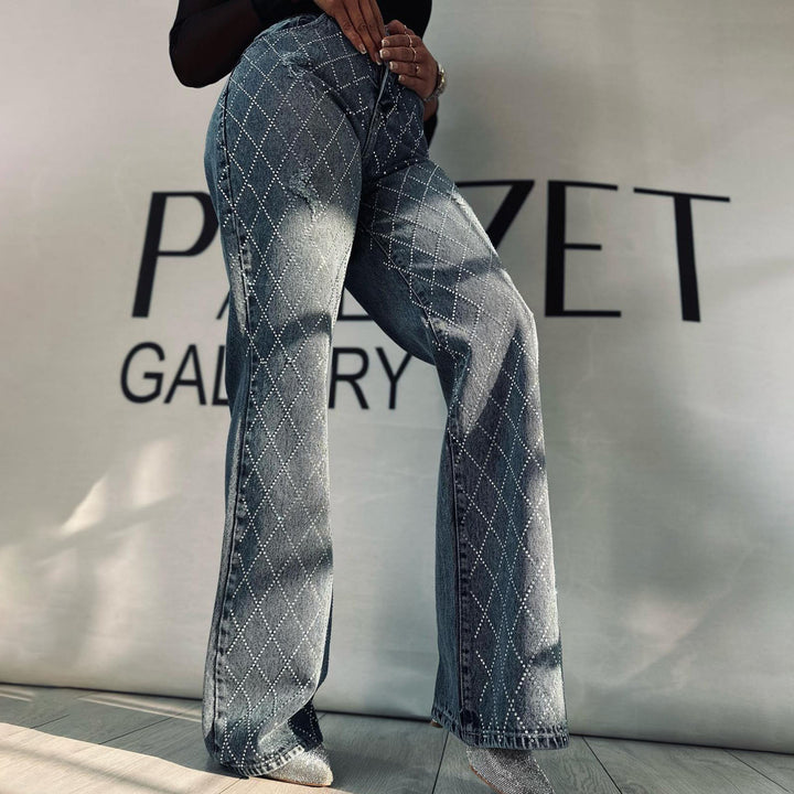 Damernas eleganta högmidjade bootcut-jeans med glittrande strass Mirla-Eva Jonsson