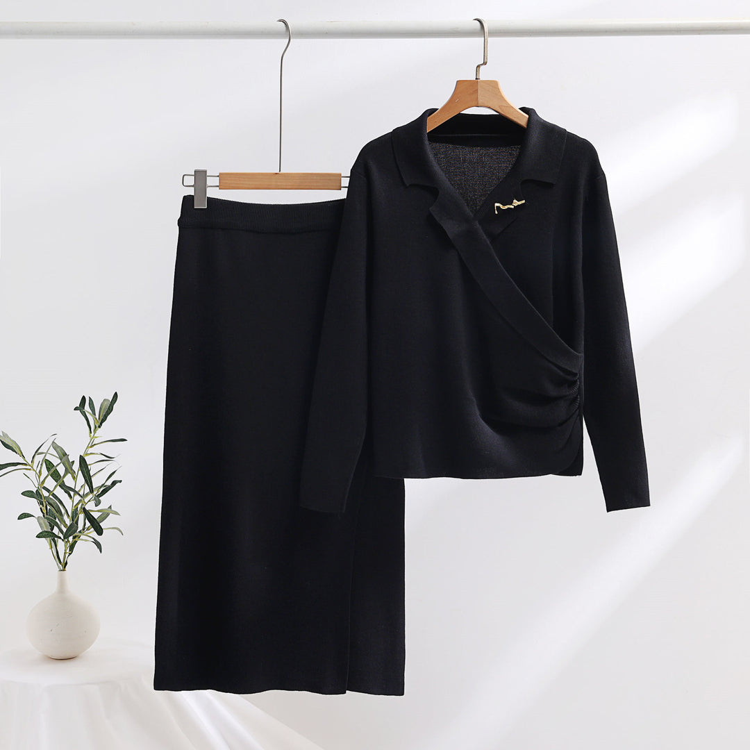 Damernas eleganta stickad ensemble med omslagstopp och raffinerad hög midja Mirla-Eva Jonsson
