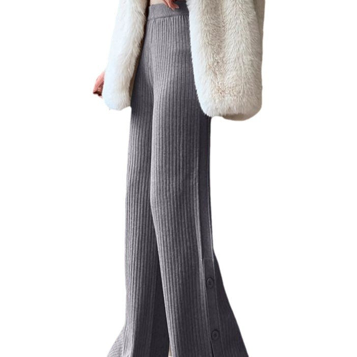 Damernas eleganta stickade byxor med dekorativa knapppdetaljer Eva Jonsson-Eva Jonsson