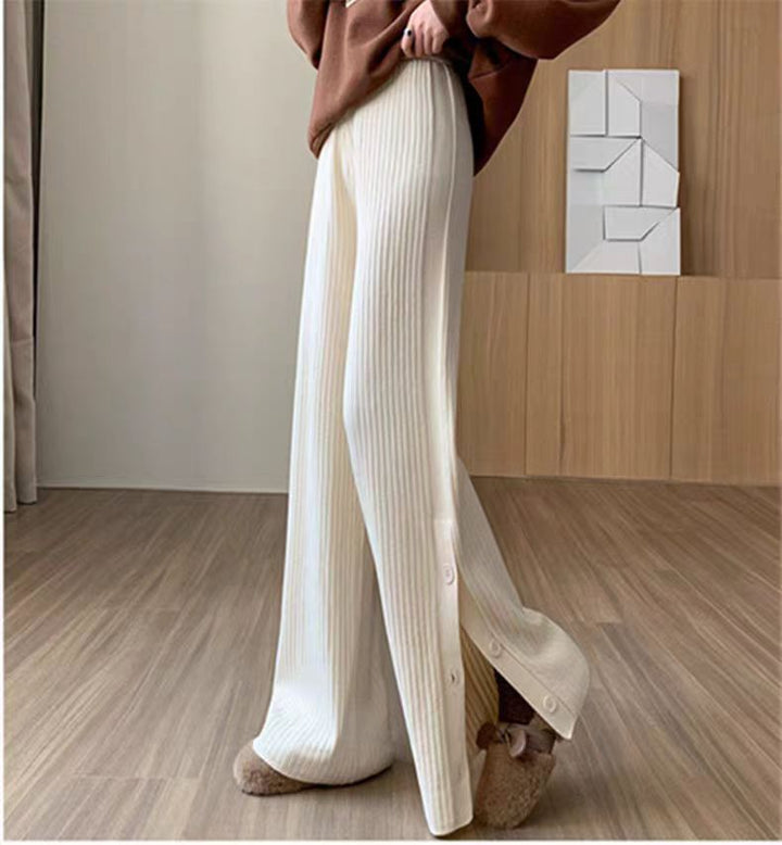 Damernas eleganta stickade byxor med dekorativa knapppdetaljer Eva Jonsson-Eva Jonsson