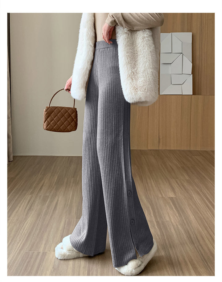 Damernas eleganta stickade byxor med dekorativa knapppdetaljer Eva Jonsson-Eva Jonsson