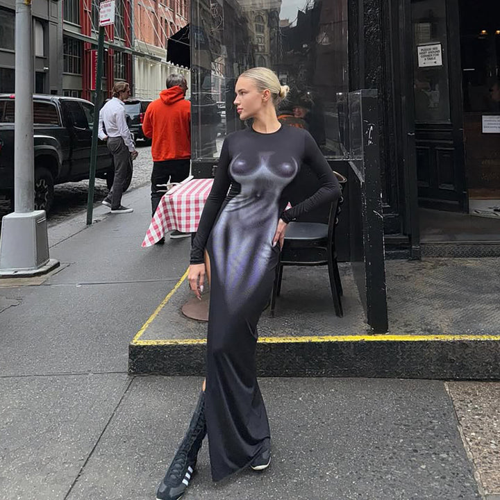Damernas figurnära maxiklänning med hög slits Mirla-Eva Jonsson