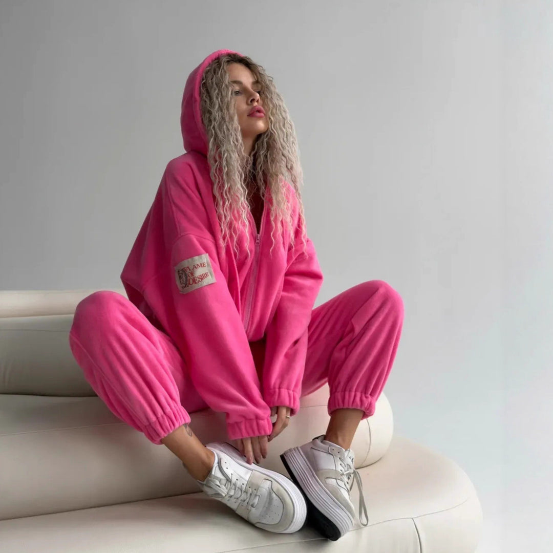 Damernas figursydda fleece-lounge-set med elegant huva och elastiska muddar Eva Jonsson-Eva Jonsson
