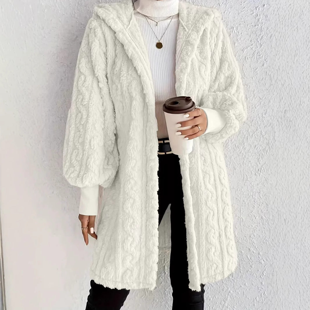 Damernas fleece-hoodie-jacka med voluminösa ärmar och praktisk huva Mirla-Eva Jonsson