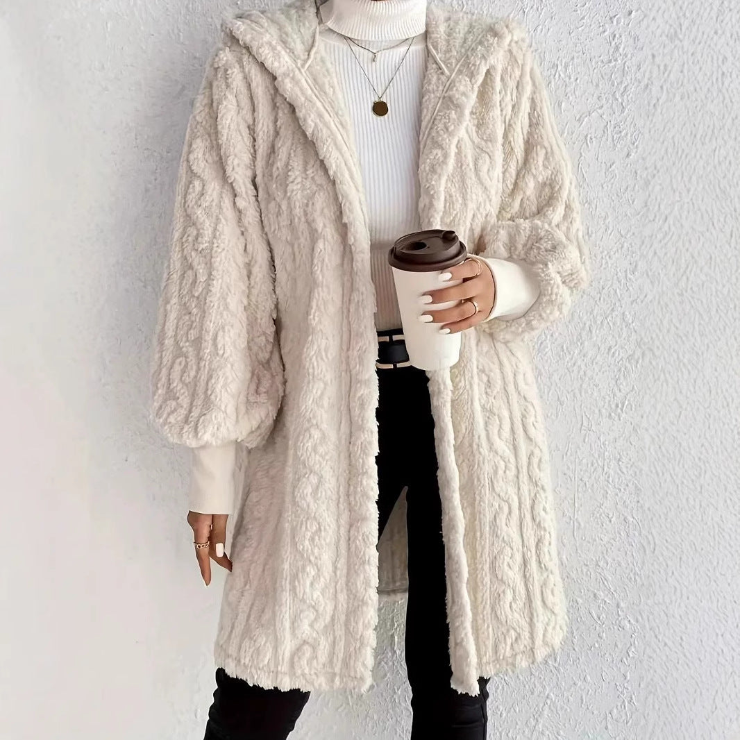 Damernas fleece-hoodie-jacka med voluminösa ärmar och praktisk huva Mirla-Eva Jonsson