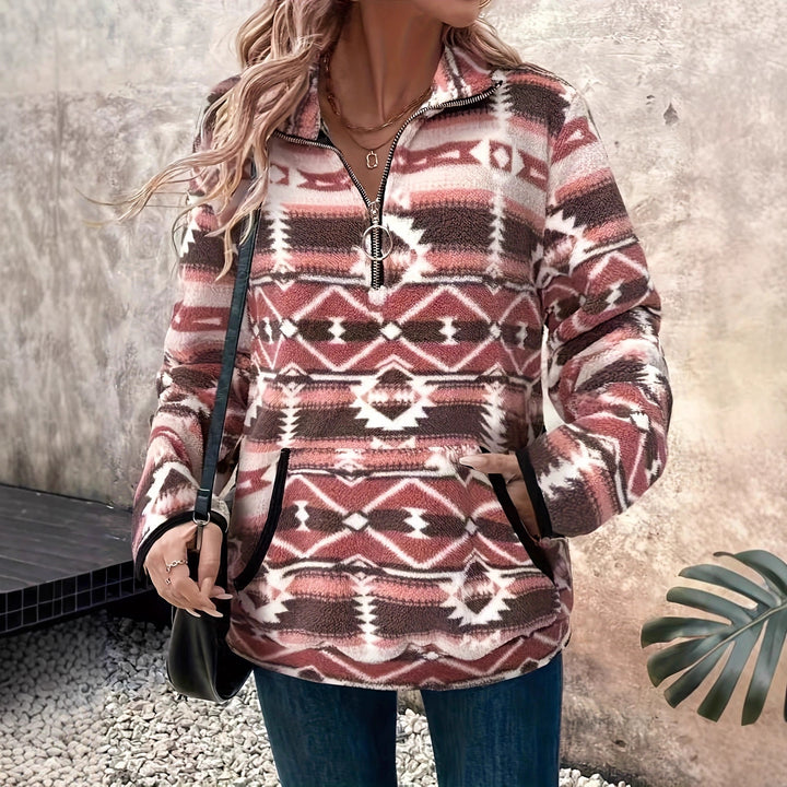 Damernas fleece-pullover med modern etno-design och halv dragkedja Mirla-Eva Jonsson