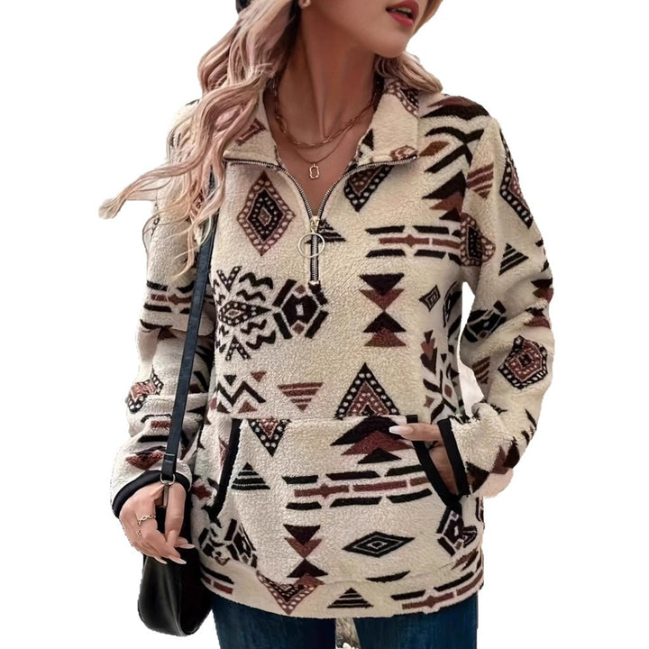 Damernas fleece-pullover med modern etno-design och halv dragkedja Mirla-Eva Jonsson