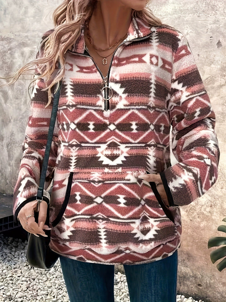 Damernas fleece-pullover med modern etno-design och halv dragkedja Mirla-Eva Jonsson