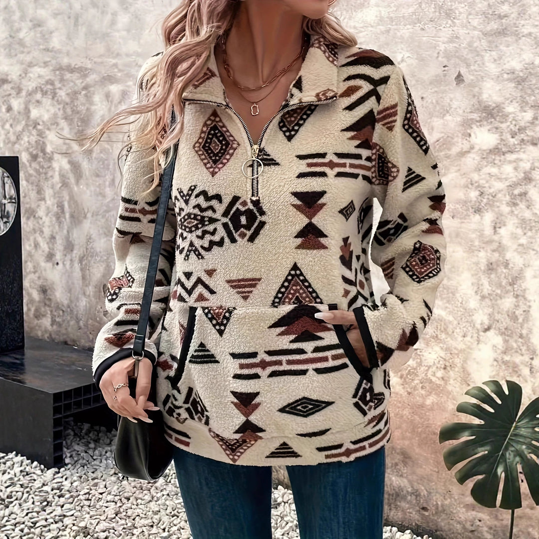 Damernas fleece-pullover med modern etno-design och halv dragkedja Mirla-Eva Jonsson