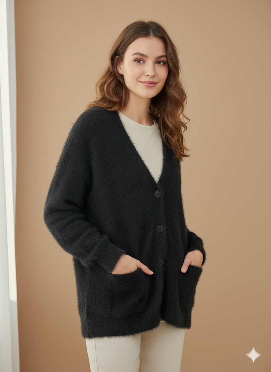 Damernas fluffiga cardigan med stora fickor och avslappnad passform Mirla-Eva Jonsson