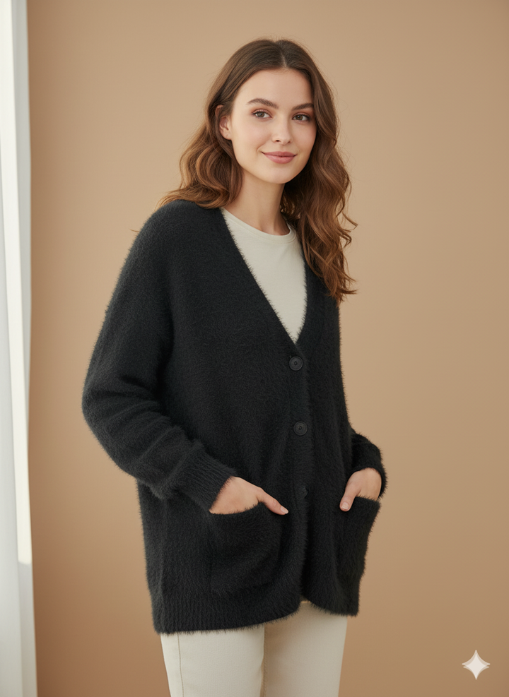 Damernas fluffiga cardigan med stora fickor och avslappnad passform Mirla-Eva Jonsson