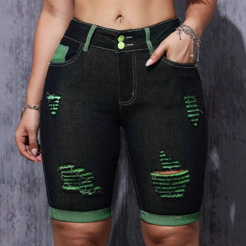 Damernas förstörda denimshorts med iögonfallande detaljer och hög midja-Eva Jonsson