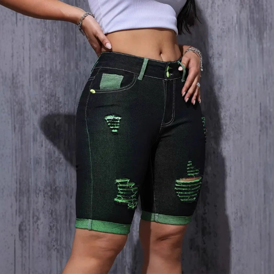 Damernas förstörda denimshorts med iögonfallande detaljer och hög midja-Eva Jonsson