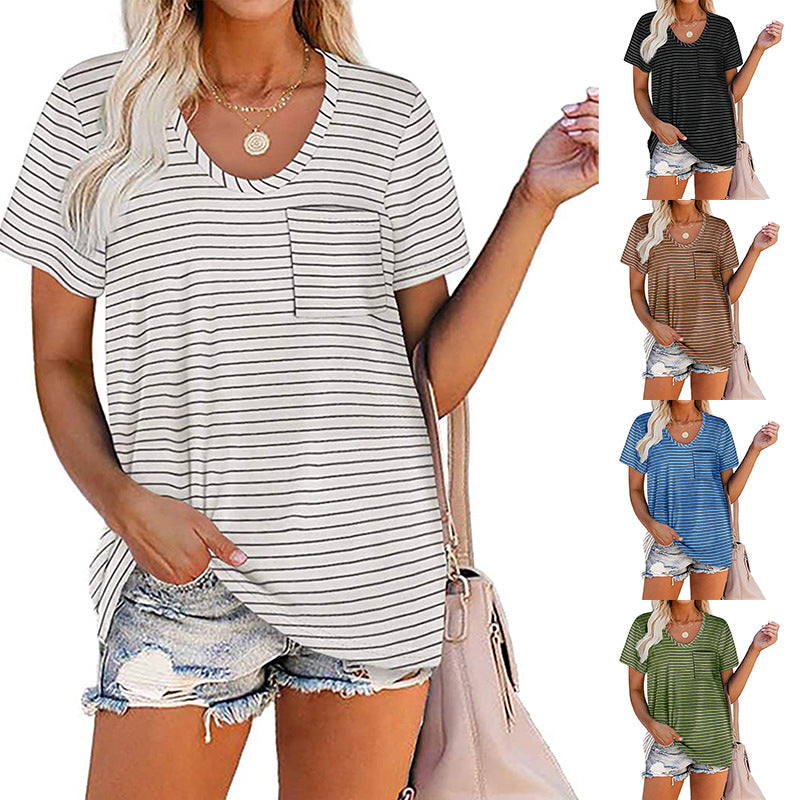 Damernas fritids T-shirt med randig design och bröstficka Eva Jonsson-Eva Jonsson