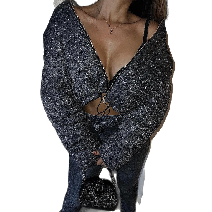 Damernas glittrande cropped quiltad jacka med hög krage Mirla-Eva Jonsson
