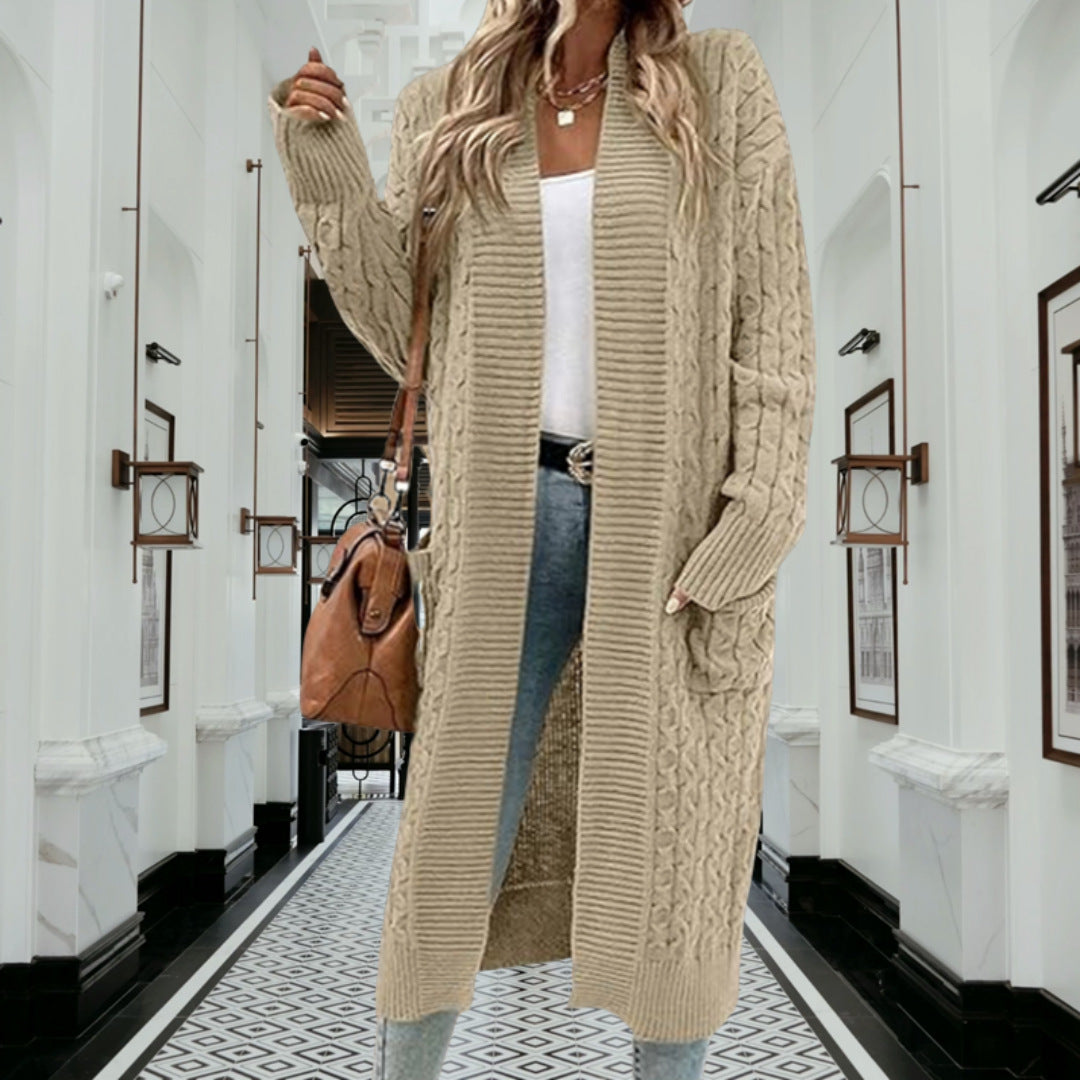 Damernas grovstickad cardigan med öppna fickor och texturerad kabelavslutning Eva Jonsson-Eva Jonsson