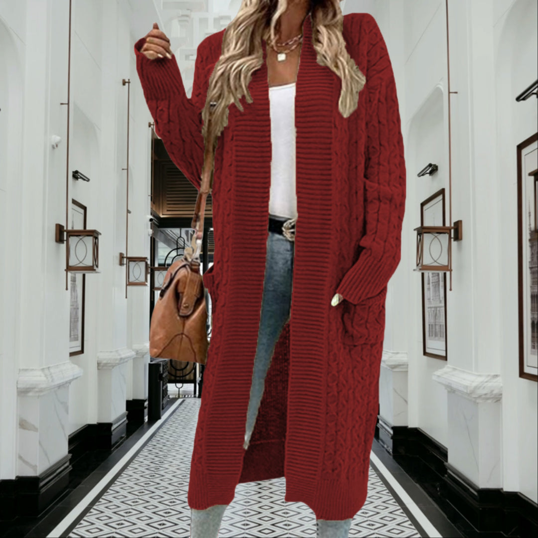 Damernas grovstickad cardigan med öppna fickor och texturerad kabelavslutning Eva Jonsson-Eva Jonsson