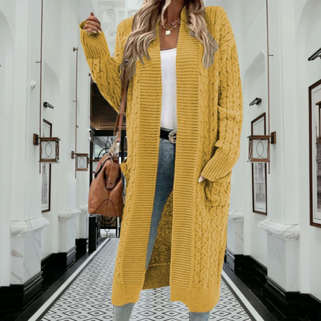 Damernas grovstickad cardigan med öppna fickor och texturerad kabelavslutning Eva Jonsson-Eva Jonsson