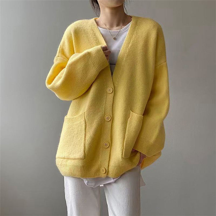 Damernas grovt stickad cardigan med fickor och V-hals Eva Jonsson-Eva Jonsson