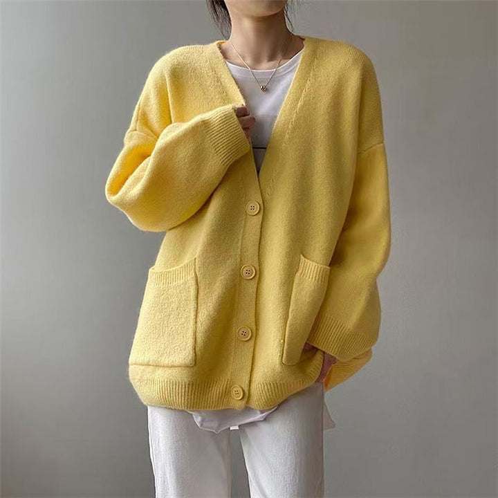 Damernas grovt stickad cardigan med fickor och V-hals Eva Jonsson-Eva Jonsson