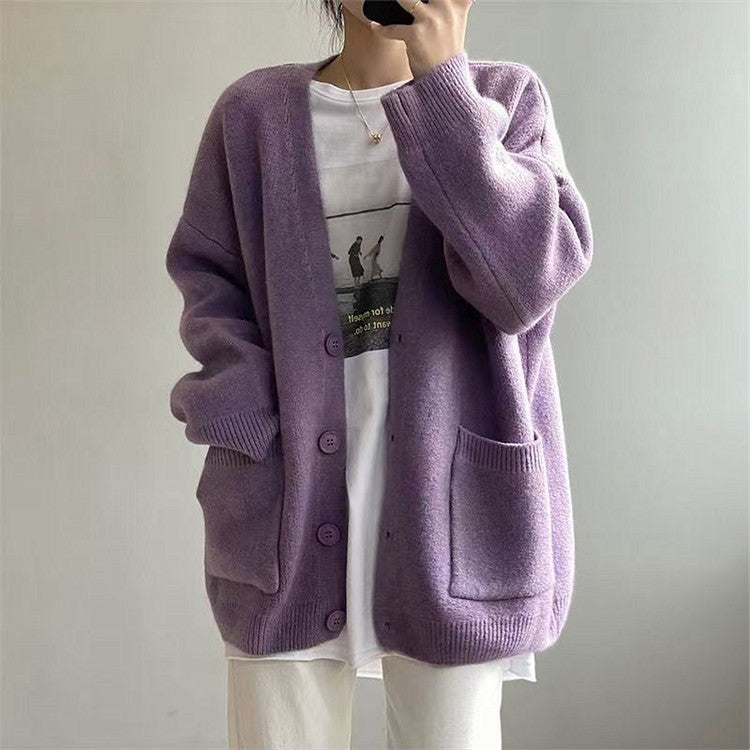 Damernas grovt stickad cardigan med fickor och V-hals Eva Jonsson-Eva Jonsson