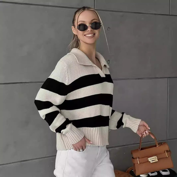 Damernas grovt stickad tröja med bred krage och blockrandig design Eva Jonsson-Eva Jonsson