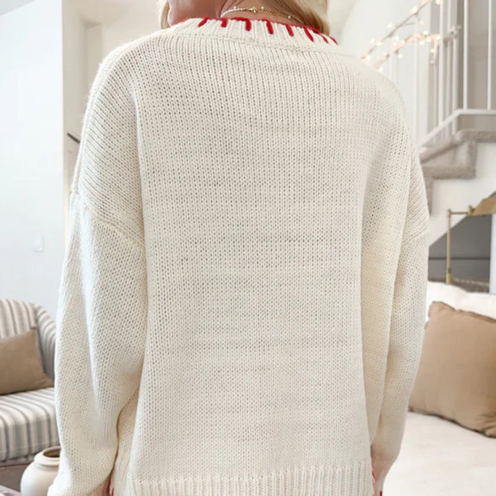 Damernas grovt stickade tröja med dekorativt slöjmönster och kontrasterande avslutningar Eva Jonsson-Eva Jonsson