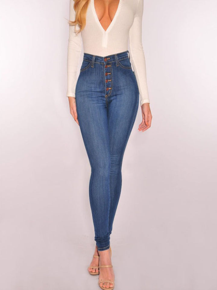 Damernas high waist skinny jeans med knapdesign och figurnära passform Eva Jonsson-Eva Jonsson
