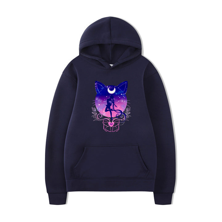 Damernas hoodie med konstnärlig kattdesign och bekväm passform Mirla-Eva Jonsson